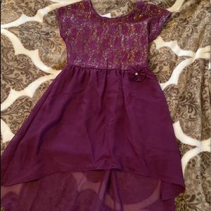 Girls purple high-low dress with gold sparkles.